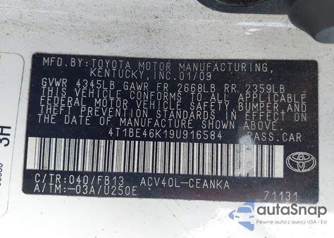2009 Toyota Camry Le from USA, damaged, VIN 4T1BE46K19U916584